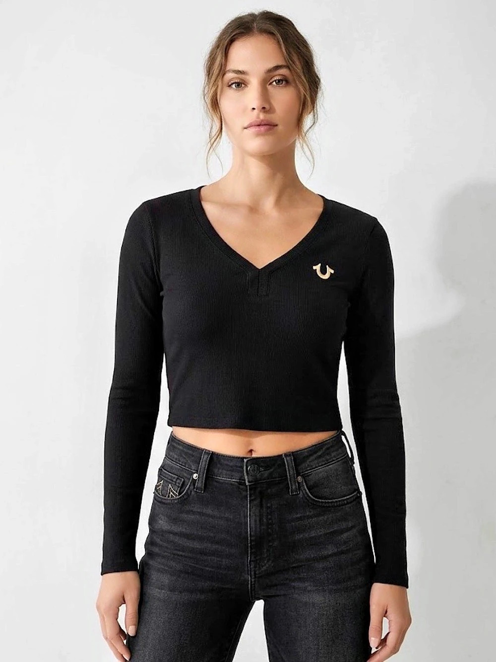 True Religion Long Sleeve Top Black Cropped Top